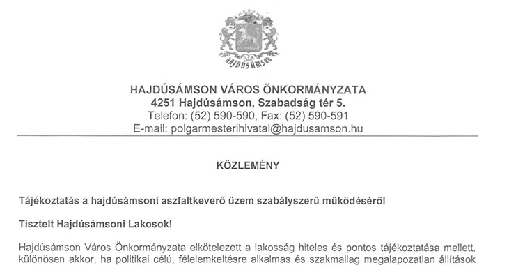 KÖZLEMÉNY – Tájékoztatás a hajdúsámsoni asztfaltkeverő üzem szabályszerű működéséről