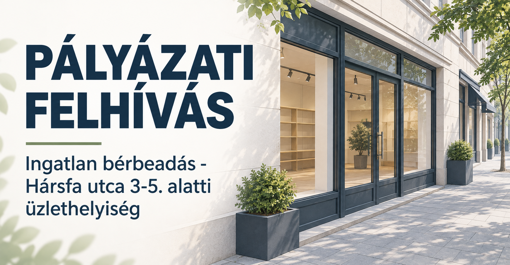 PÁLYÁZATI FELHÍVÁS – Ingatlan bérbeadás – Hársfa utca 3-5. szám alatti üzlethelyiség